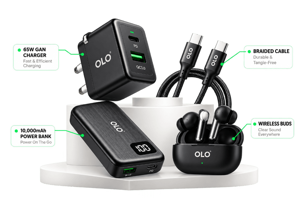 OLO Smart Mobile Accessories Ecosystem - 65W GaN Charger, Braided Cable, 10,000mAh Power Bank, Wireless Buds