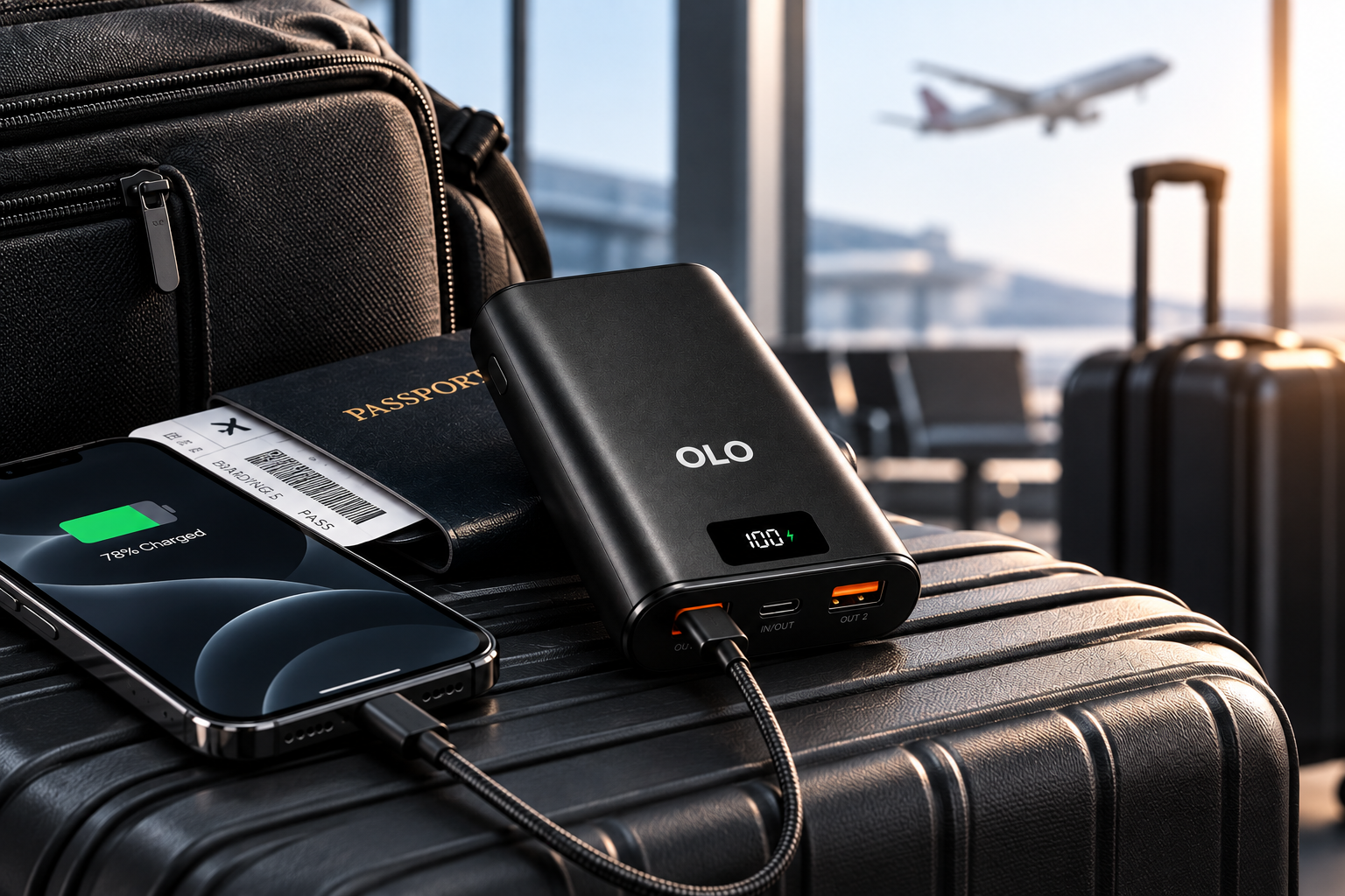 OLO Power bank and phone charging on travel luggage at an airport