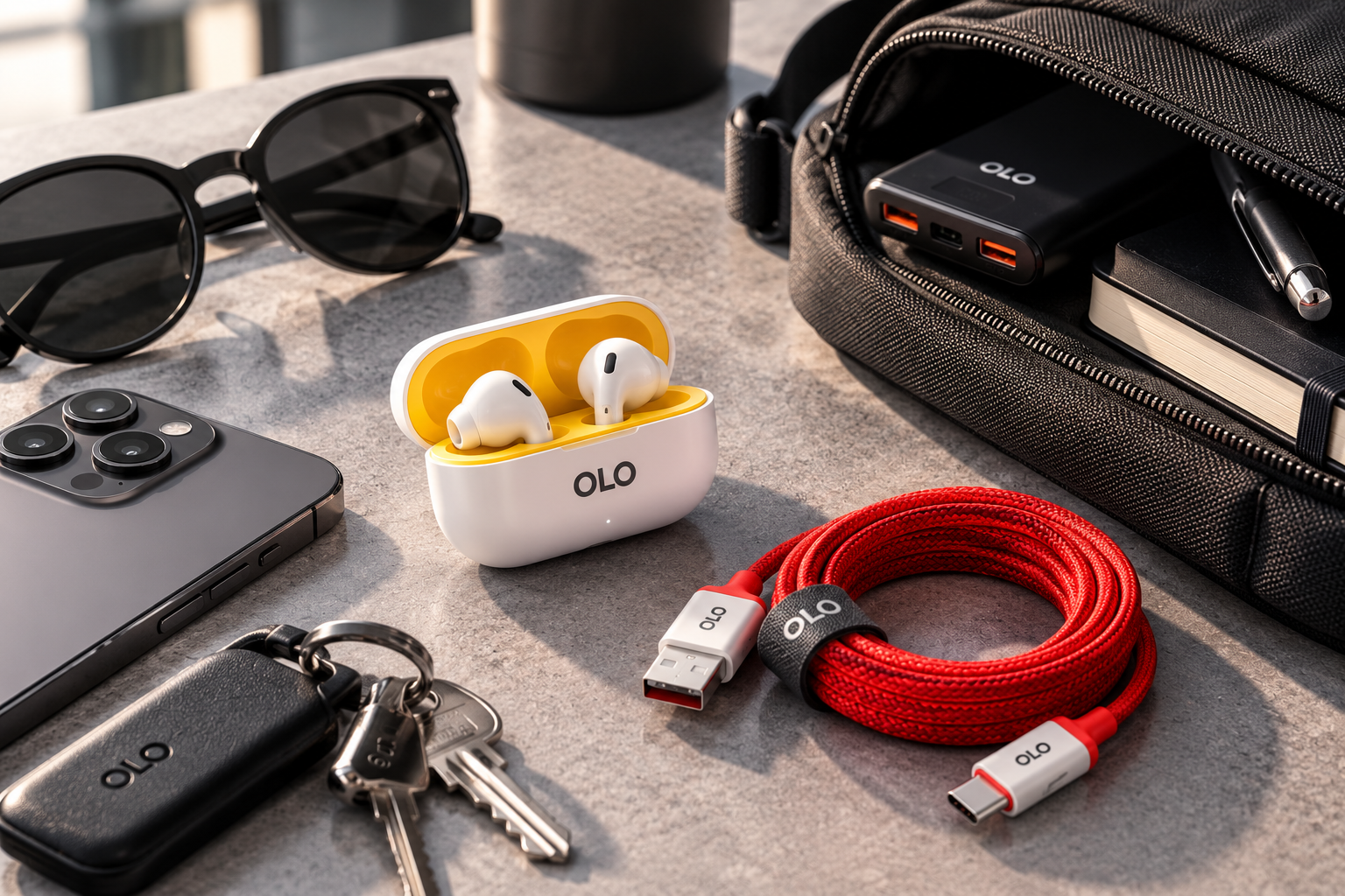 OLO Earbuds, braided data cable, and everyday carry gear