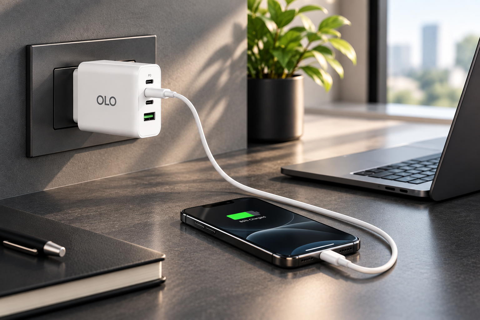 OLO Chargers and data cables at a modern desk workspace